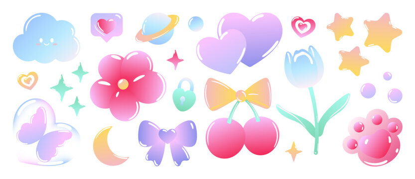 Cute Valentine elements vector set. Pastel gradient hearts, flower, cherries, bow, tulip, moon, stars, cloud and sweet love sticker decorations.