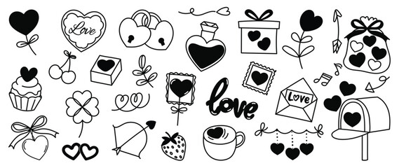 Fototapeta premium Valentine doodle vector set. Hand drawn black and white love hearts, arrows, flowers, envelope, speech bubble and romantic line art elements.
