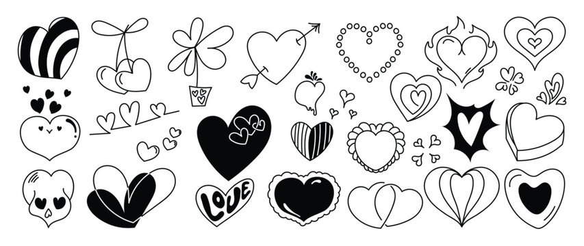 Valentine doodle vector set. Hand drawn black and white love hearts, arrows, flowers, envelope, speech bubble and romantic line art elements.