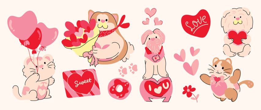 Cute dog and cat love vector set. Adorable cartoon pets with hearts, envelope, paper plane, bone, yarn ball and sweet Valentine sticker elements.
