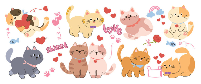 Cute cat love vector set. Adorable cartoon kittens with hearts, bows, rainbow, rose, fish and paw prints for Valentine stickers and greeting cards.