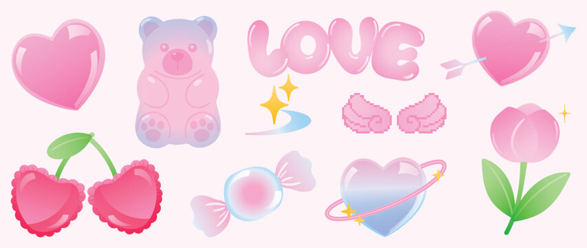 Cute love elements vector set. Pastel gradient hearts, Bear, cherries, candy, wings, flower, arrow and sweet Valentine sticker decorations.