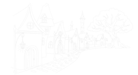 Fototapeta premium Whimsical Village Sketch: Fairytale Houses, Cobblestone Path, Ancient Tree, Fantasy Landscape