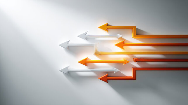 An abstract visualization of direction and progress with multiple arrows pointing forward, with some breaking away from the main group. Some arrows are white and some are orange.
