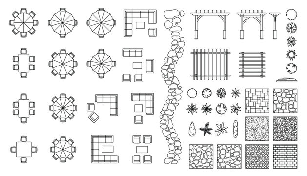 Top view landscaping elements vector set outdoor furniture stone path pergolas and plants on transparent background.