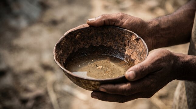 Water scarcity crisis concept with poor person holding small amount of dirty water.