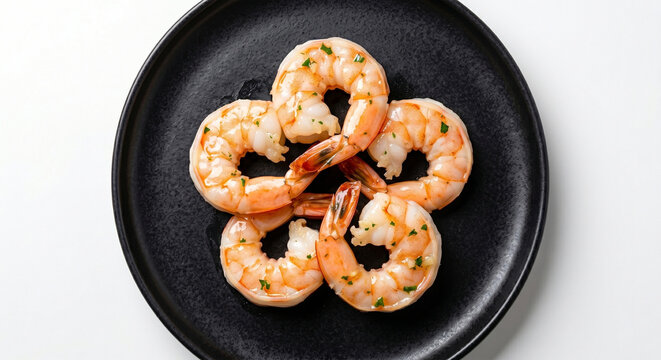 A minimalist presentation of five perfectly formed scampi shrimp arranged in a neat, interlocking circle centered on a matte black ceramic platter. 