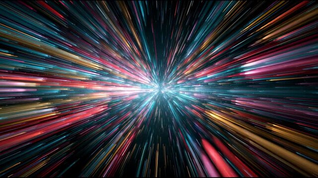 Bright colors and light streams move through dark space, creating vibrant bursts that change in shape and intensity with each moment.