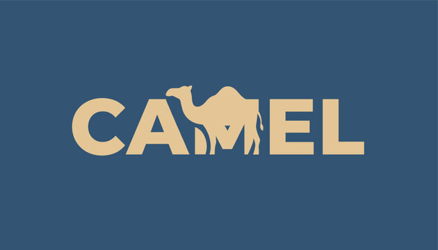 Artistic word camel featuring a clever integration of a camel silhouette within the letterforms against a blue background.