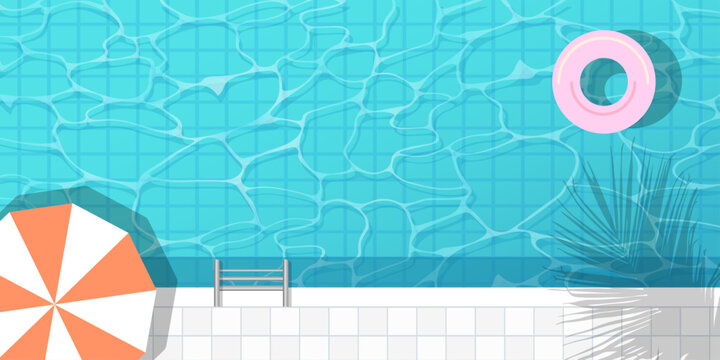 Blue swimming pool water texture banner with poolside deck and colorful inflatable ring, Summer leisure background featuring sparkling aquatic reflections and resort lifestyle, swimming, pool, water