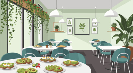 Fototapeta premium Modern Cafe Interior Vector Illustration Featuring Avocado Toast Served on Tables in a Peaceful Green Plant Filled Dining Space 20