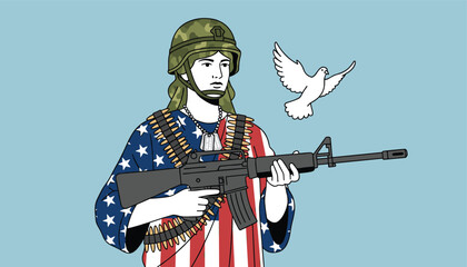 Naklejka premium Symbolic illustration of a soldier wrapped in an american flag holding a rifle with a white peace dove flying nearby in the air.