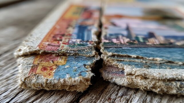 Stack of vintage faded postcards telling stories, nostalgia on wood surface