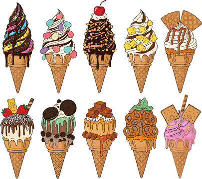 Melted vanilla ice cream scoop with chocolate sauce in a crispy wafer cone