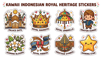 Kawaii Indonesian Royal Heritage Stickers Featuring Palace Gate, Crown, and Kratoan Guard. © Buldoser