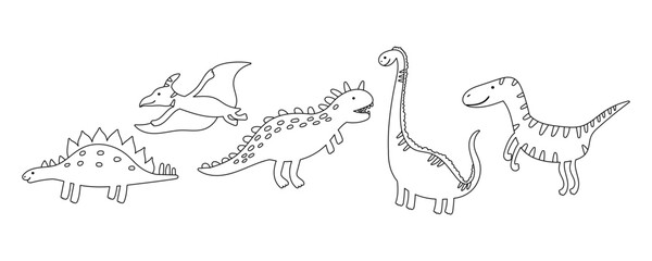 Outline Cute Dinosaur Set Element. Line Dino Animal Kit. Doodle Dinosaur Collection for Color Page Book. Vector Handdrawn Illustration © Anna Drozdova