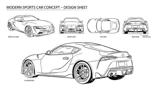 Modern sports car concept design sheet vector drawings of vehicle from multiple angles for automotive engineering and design.