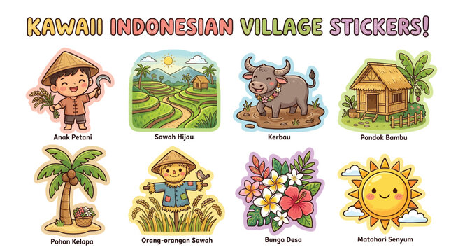 Kawaii Indonesian Crafts Sticker Sheet Featuring Traditional Elements.