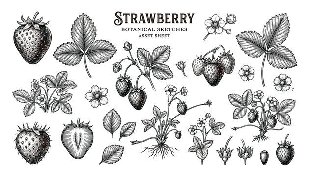 Botanical sketches of strawberry plants, fruits, flowers, and leaves in vintage engraving style on transparent backgrounds, vector asset.