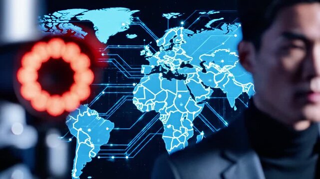 A man in a gray suit and black turtleneck stands before a blue world map with a red traffic light
