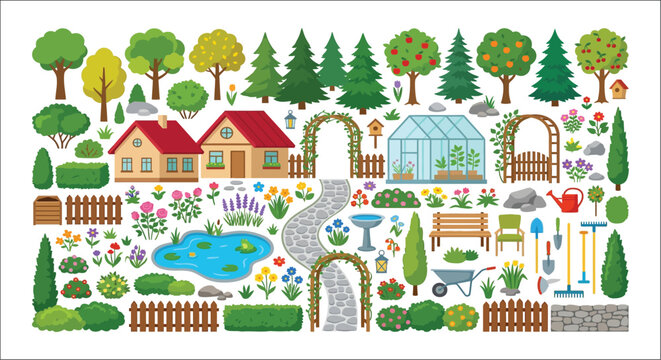 Garden Scene With Houses Trees And Tools Vector Illustration