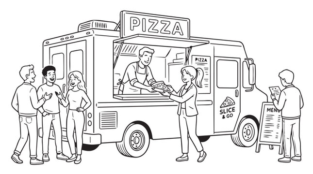 Black and white line art illustration of customers waiting at a mobile pizza food truck