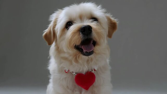 Small cute dog wearing a red heart necklace sitting on a studio cyclorama looking at the camera