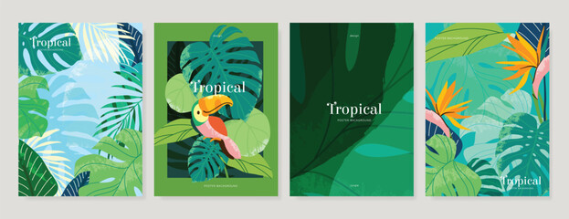Obraz premium Abstract tropical summer background poster vector set. Minimal hand drawn Card design with monstera leaf, palm leaves. Painting for summer season, wall decoration, interior, background.