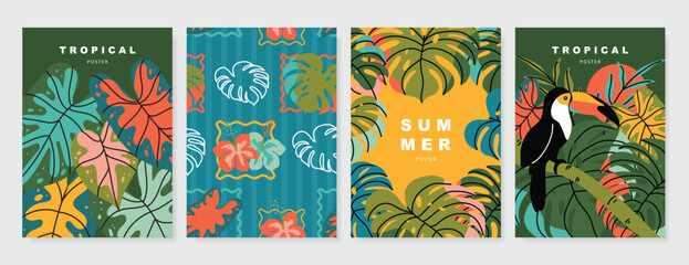 Obraz premium Abstract tropical summer background poster vector set. Minimal hand drawn Card design with monstera leaf, palm leaves. Painting for summer season, wall decoration, interior, background.