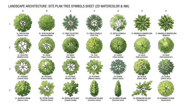 Architectural landscape site plan tree symbols 2d watercolor ink vector assets detailed foliage branching.