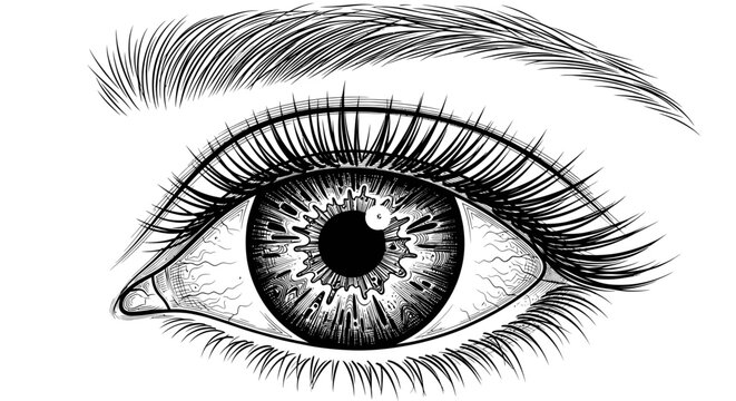 Close-up illustration of a human eye with intricate iris detail, black and white sketch