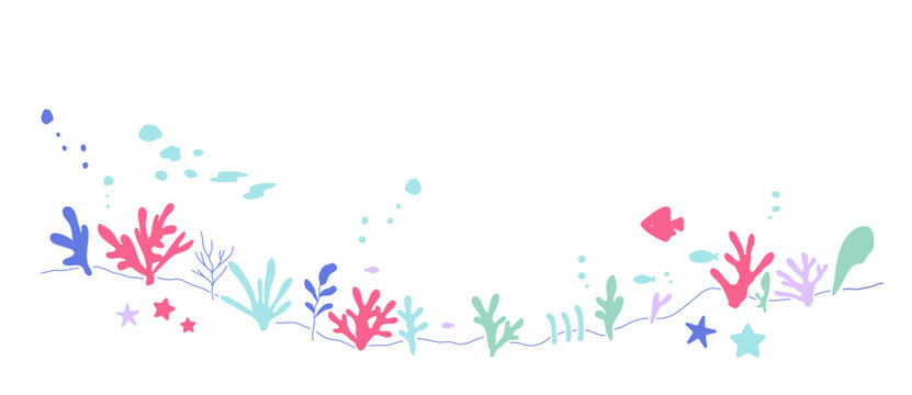 海のフレームイラスト　海　水中　波　海底　背景　マリンモチーフ
