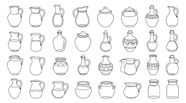 Hand drawn ceramic jug and pitcher collection icons with kitchenware container handdrawn homeware