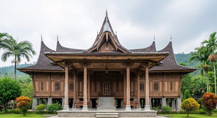 Fototapeta premium Traditional wooden house with unique roof design in a lush green environment