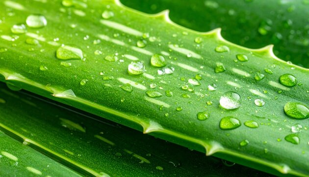 Close-up of aloe vera leaf with water drops.