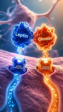 Hormone leptin ghrelin receptor biology science concept neural synapse medical illustration glowing colorful detail energy metabolism regulation appetite balance hunger control mood human brain