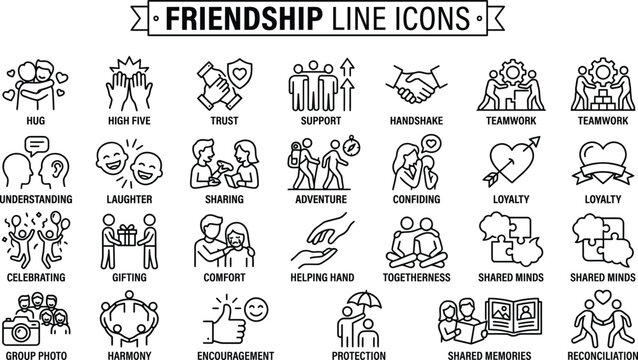 Friendship Line Icons: Hug Trust Support and Togetherness