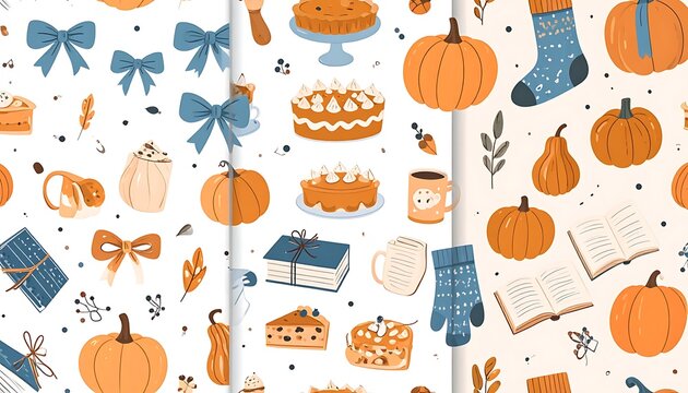 Autumn seamless pattern with pumpkins and objects.