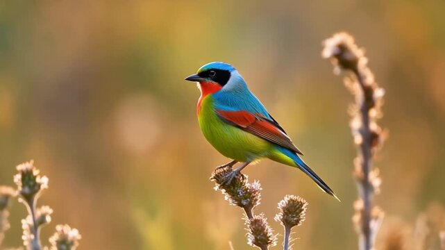 Vibrant Blue-Headed Tanager, colorful tropical bird perched on dry plant in soft golden hour light, with shallow depth of field