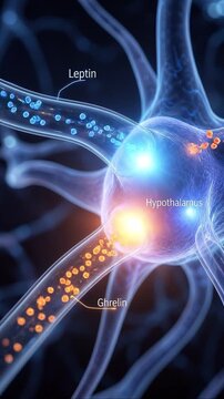 Neuron hormone leptin ghrelin hypothalamus neurology brain biology medical science pathway neural network concept glowing signal flow neuroscience synapse signaling diagram health metabolism appetite