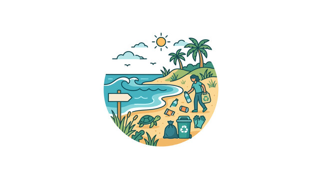 Beach Cleanup: Person collecting plastic trash to protect ocean environment and wildlife