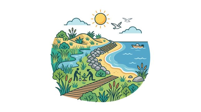 Coastal restoration and planting trees by the sea with sun and clouds