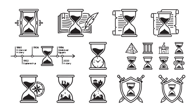 Vintage hourglass and time measurement icon set with hourglass measurement deadline duration