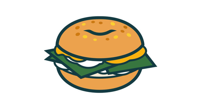 Smiling cartoon burger with fresh green lettuce inside.