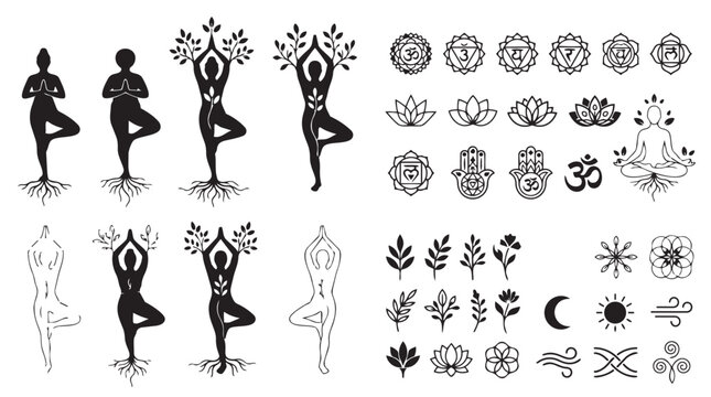 Yoga pose silhouettes and chakra symbols graphic set with silhouette meditation wellness bodymind