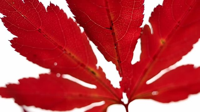 Close-up of a vibrant red leaf with intricate vein detail, white background