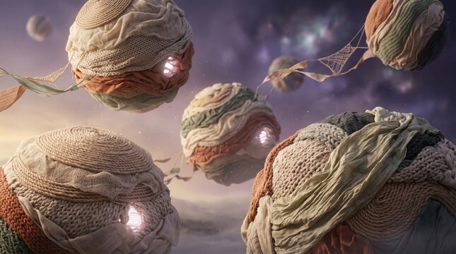 Surreal cosmic planets made of knitted wool and fabric textures in space