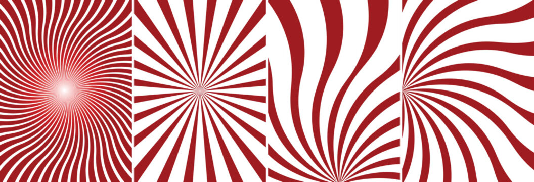 Abstract Red and White Sunburst Background Set with Retro Swirl and Comic Radial Rays. Ideal for festive holiday promotions, circus themes, Japanese rising sun motifs, and pop art designs.