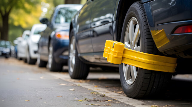 A black car with a yellow wheel clamp parked on a city street with other vehicles