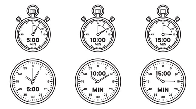 Set of stopwatch and clock illustrations for five ten and fifteen minutes with stopwatch, countdown